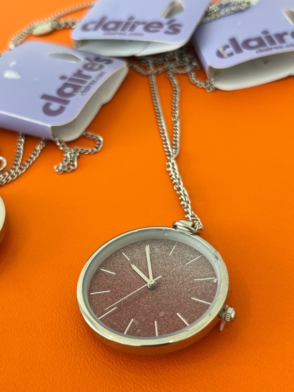 Claire's Silver Pendant Necklaces w Sparkling Pink Face NEW w tag! Best gift GWP - Picture 2 of 5
